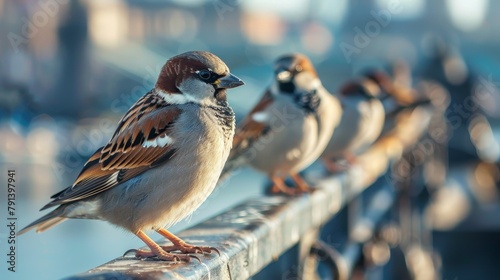 Close-up of sparrows on a bustling city pier  with the hustle of the urban backdrop  capturing urban wildlife interaction
