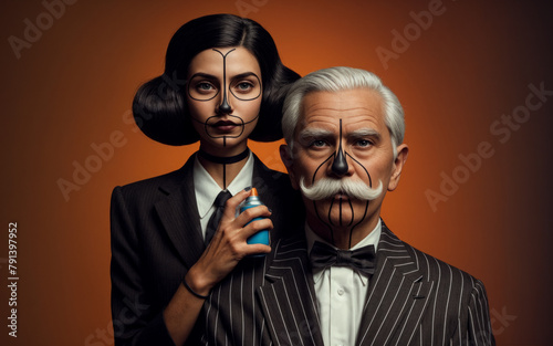 Image of two stylish people in elegant clothes but in a strange way on an orange background