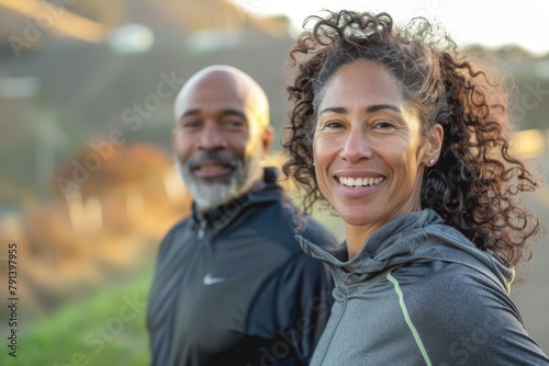 Smiling Multiracial Couple Enjoying Outdoor Exercise Together