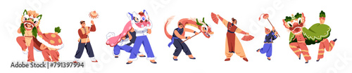Chinese New Year celebration. People dancing at China festival parade with dragon puppet, festive costumes. Celebrating happy lunar holiday. Flat vector illustration isolated on white background