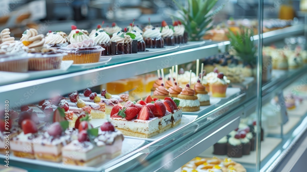 Close-up of a clean and polished tropical buffet counter, showcasing an assortment of desserts and cakes in a bright, inviting bakery setting