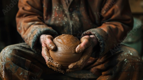 Close-up of a potter's hands shaping a wet clay ball on a spinning wheel, detailed texture, studio lighting, artisan workshop theme