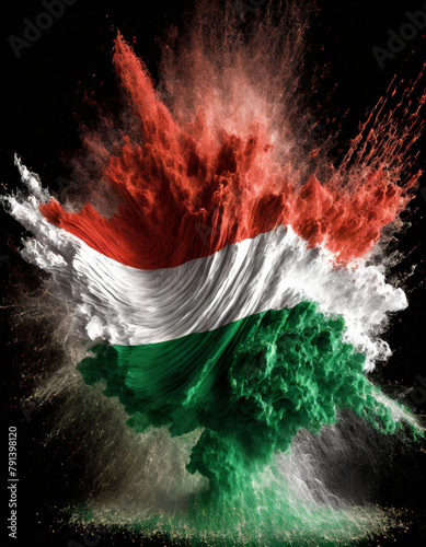 Hungary colorful flag holi paint powder explosion on isolated background, generated by AI