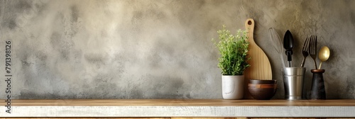 A homey kitchen scene with utensils and fresh herbs lined up against a textured wall, invoking warmth and cooking inspiration photo