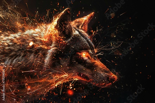 Close-up portrait of a wolf with fire sparks on a black background photo