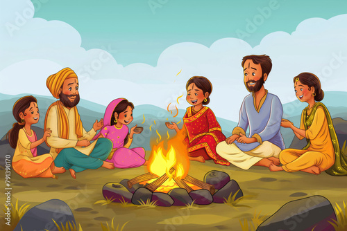 Colorful illustration of a cheerful Indian family sitting together around a campfire in a natural setting