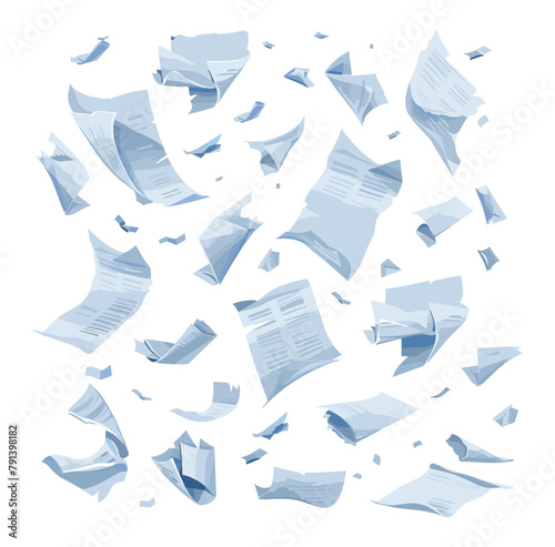 Falling sheets cartoon vector set. Paper pages flying curling chaotic scattered notes newspaper illustrations highlighted on white background