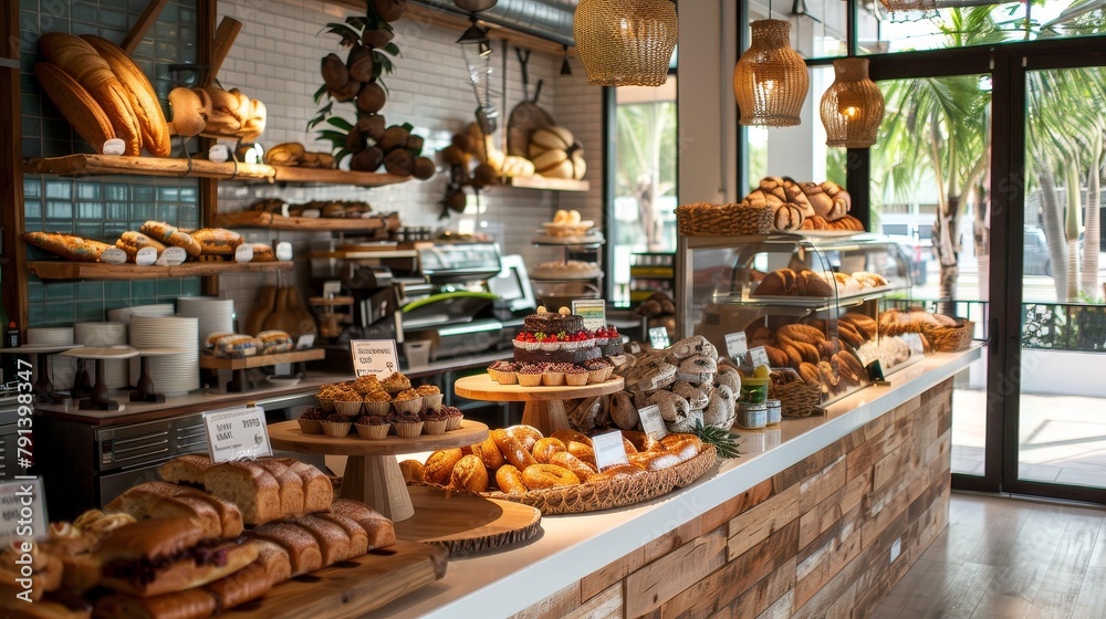 Bright and inviting tropical bakery counter, filled with an array of fresh bread and desserts, emphasizing a sparkling clean appearance
