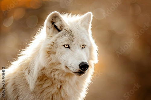 Portrait of a beautiful white wolf  Canis lupus 