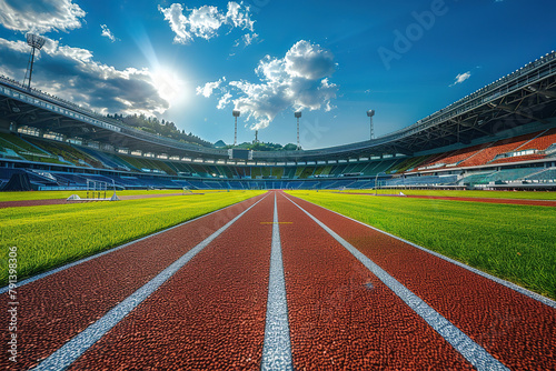 Empty red running track at the stadium in sunny weather. Concept of running, sport, competition. Generated by artificial intelligence