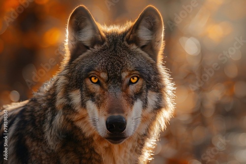 Portrait of a wolf in the autumn forest  close-up