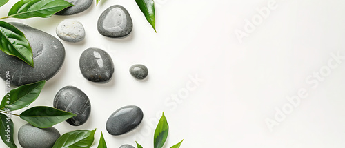 Flat lay composition with spa stones and space for text on white background., with empty copy space
