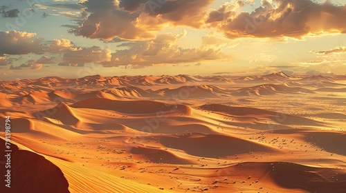 A vast desert landscape painted in hues of orange and gold  with towering sand dunes sculpted by the winds of time  