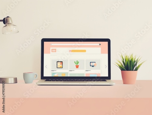 A minimalist home office setup with a laptop displaying a web design interface  accompanied by a potted plant and a coffee mug.