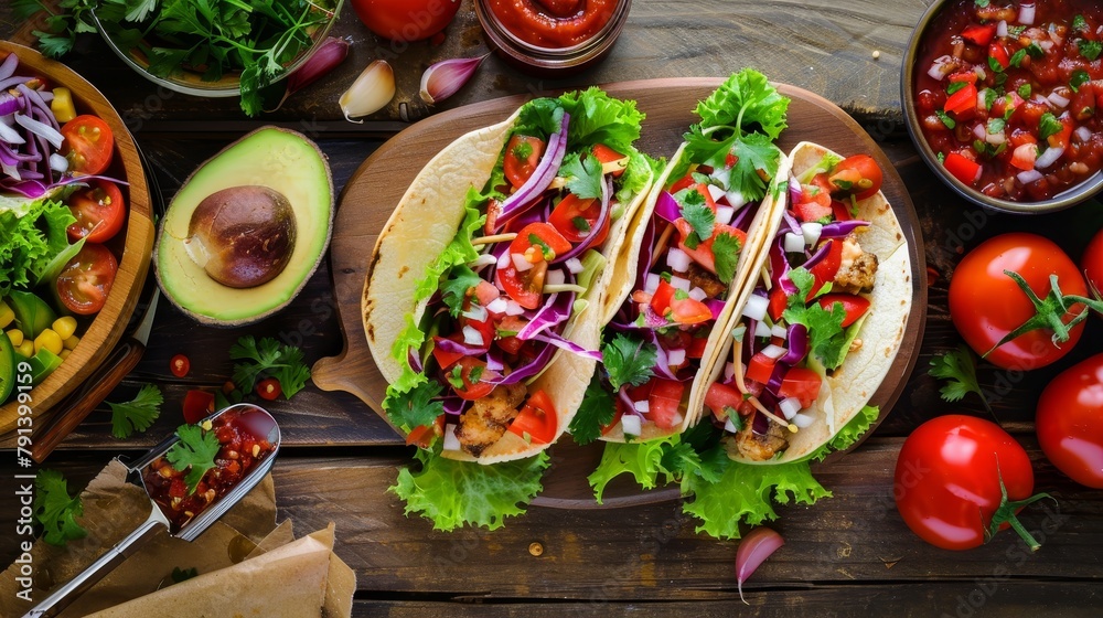 Artful arrangement of homemade tacos with fresh greens, vibrant veggies, and tangy salsa, perfect for a food magazine feature Artful arrangement of homemade tacos with fresh greens, vibrant veggies, and tangy salsa, perfect for a food magazine feature
