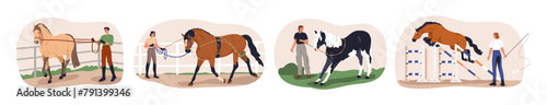 Horse training set. Equine handler teaching stallion obedience and commands, bridle and hurdle. Exercising, preparing for dressage, riding. Flat vector illustration isolated on white background