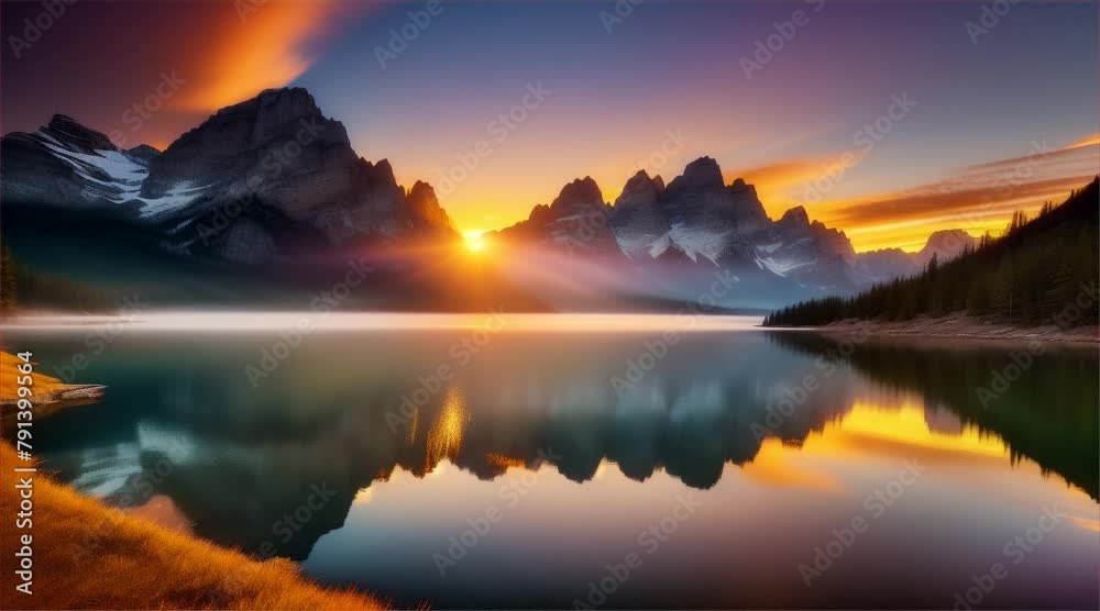 Sunset over mountains and river, painting the sky with shades of orange and blue, in a breathtaking display of nature's beauty. Mountain Horizon Embracing Sun's Glow Sunset over mountains and river, painting the sky with shades of orange and blue, in a breathtaking display of nature's beauty. Mountain Horizon Embracing Sun's Glow