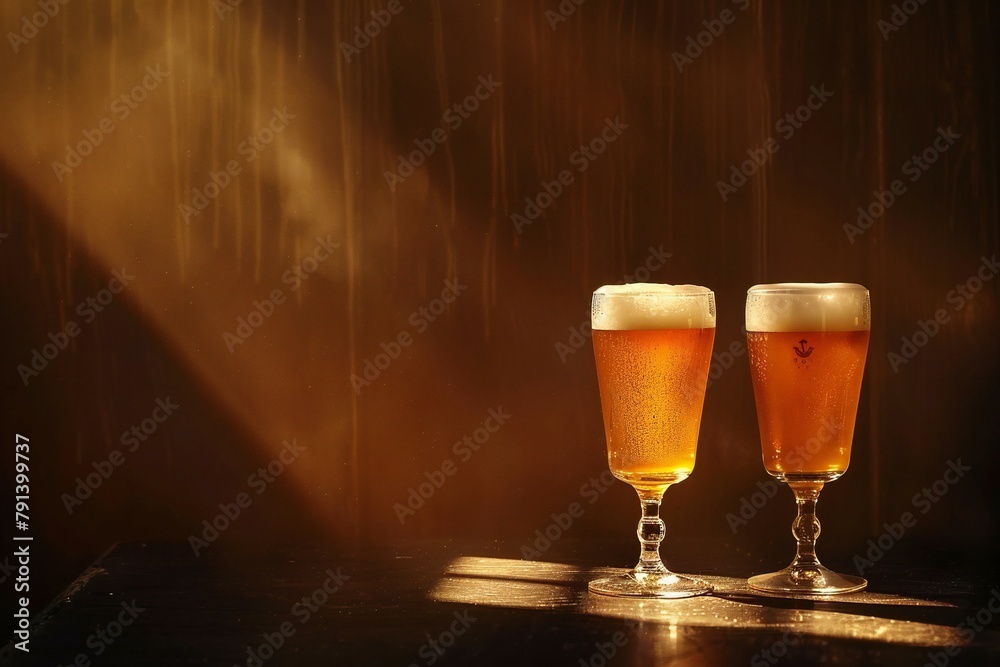 Two glasses of beer on a dark background with a beam of light