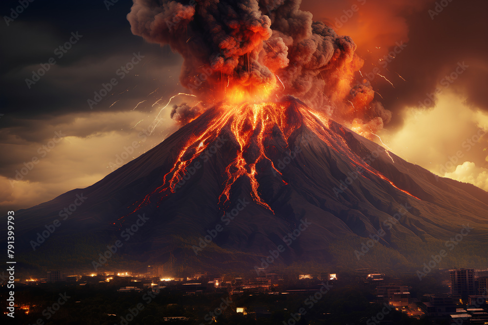 Amazing volcanic eruption releasing lava
