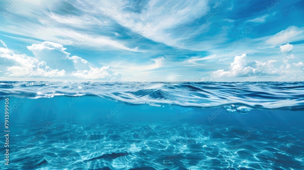 Ocean Horizon Under Blue Sky with Fluffy Clouds. World Oceans Day Ocean Horizon Under Blue Sky with Fluffy Clouds. World Oceans Day