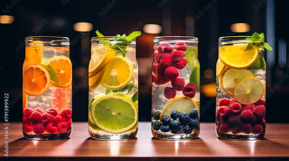 Variation of Water with Fresh Fruits and berries on the table Variation of Water with Fresh Fruits and berries on the table