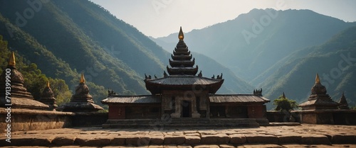 Ancient pagoda style temple nestled in a lush valley depicting tranquil architecture in nature