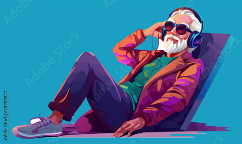 old man listening music vector flat isolated illustration