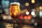 Glass of beer on the background of the night city and bokeh