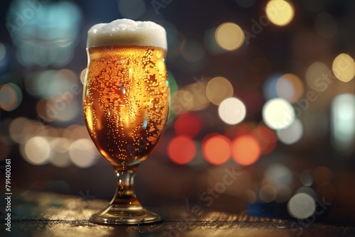 Glass of beer on the background of the night city and bokeh