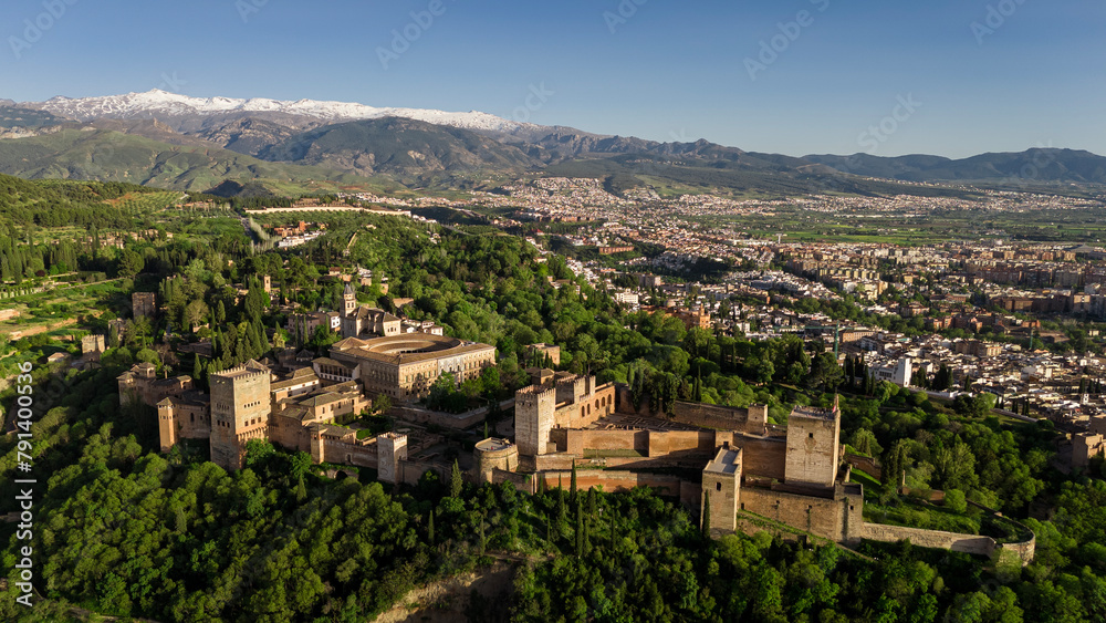 Panoramic view of the ancient Islamic fortress complex Alhambra. Granada, Andalucia, Spain