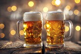 Two mugs of beer on a wooden table against the background of bokeh
