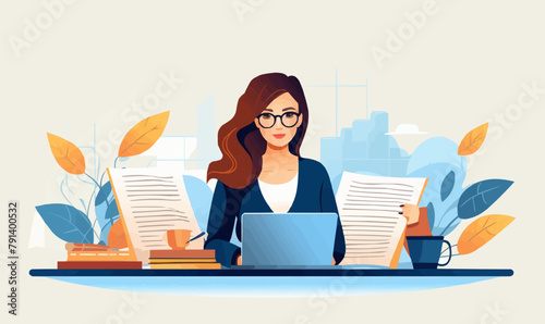 A woman is sitting at a desk with a laptop and a stack of books