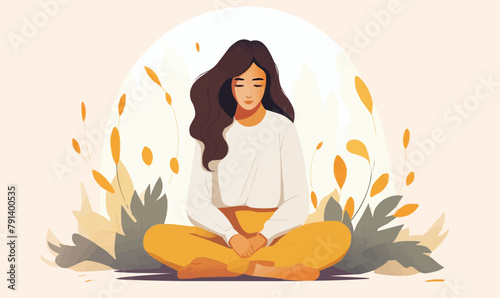 Woman sitting with a flower illustration in the background, good mental health lifestyle and selfcare vector