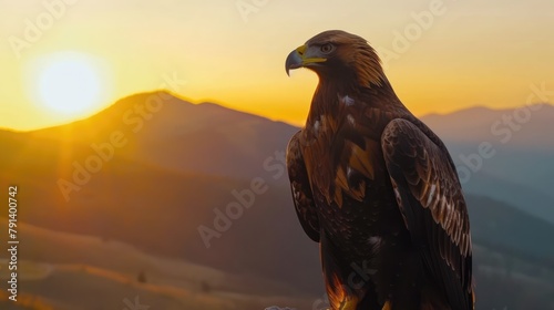 Bulgaria eagle sunset. Eastern Rhodopes with golden eagle, Aquila chrysaetos. Golden eagle with large wingspan, Bulgaria wildlife. Bird sunset photo
