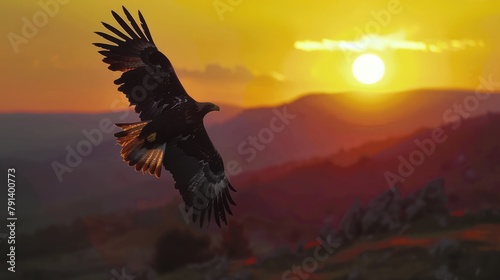 Bulgaria eagle sunset. Eastern Rhodopes with golden eagle, Aquila chrysaetos. Golden eagle with large wingspan, Bulgaria wildlife. Bird sunset © Sumaira