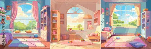Girl room empty interior cartoon vector illustrations. Shelves bed pillows floor toys indoor plants large window sun lighting premises colored children concepts