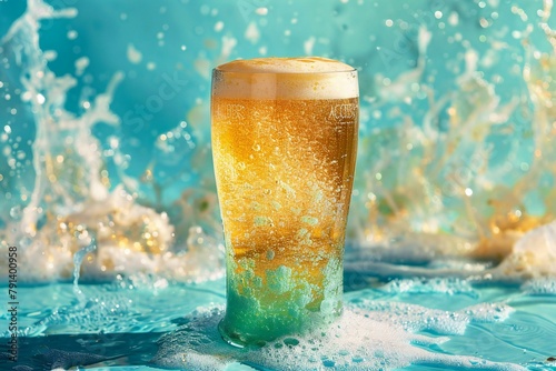 Glass of cold beer with splashes on blue background, closeup