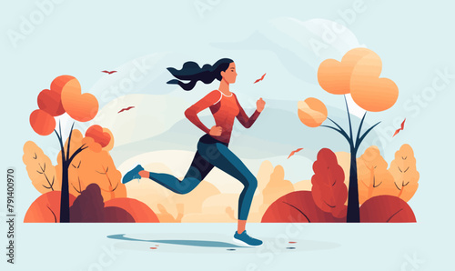 A woman is running in a park with trees in the background
