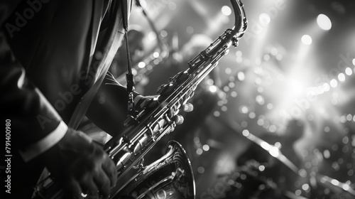 Black and white image of a jazz concert in a jazz club