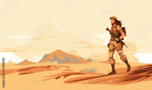 woman soldier in desert isolated vector style with transparent background illustration