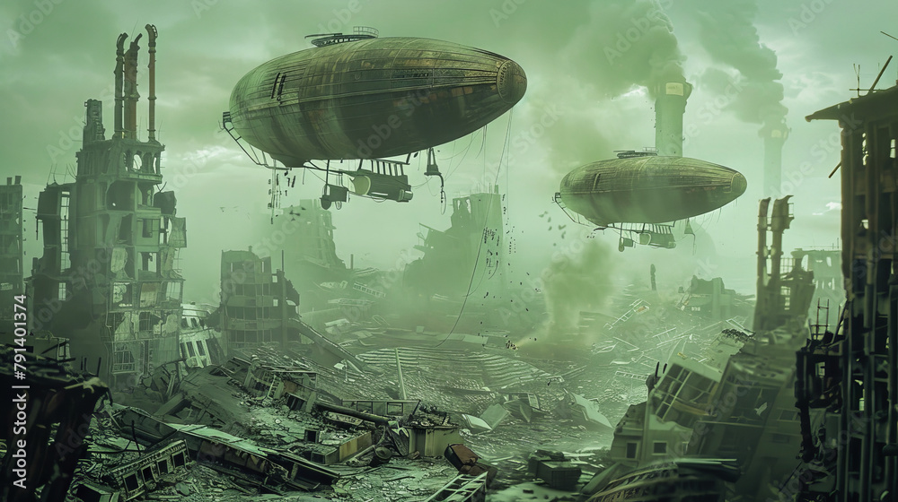 Post apocalyptic airships over damaged structures Post apocalyptic airships over damaged structures