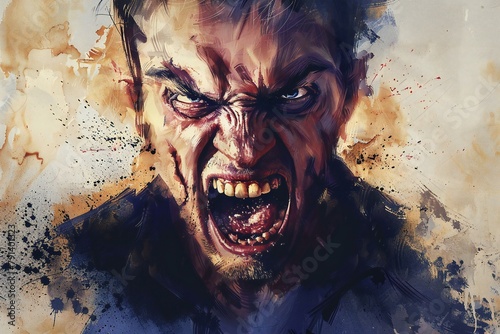 Scary zombie with blood on his face,  Digital watercolor painting photo