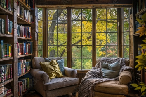 Cozy living room interior with bookshelf and armchair.