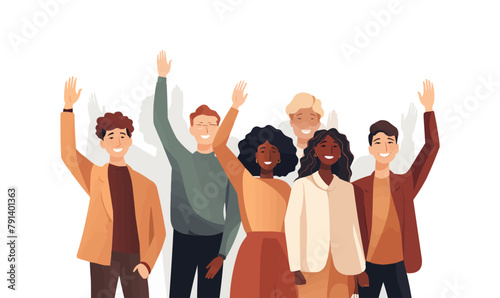 Diverse multicultural group of people waving and smiling, vector illustration
