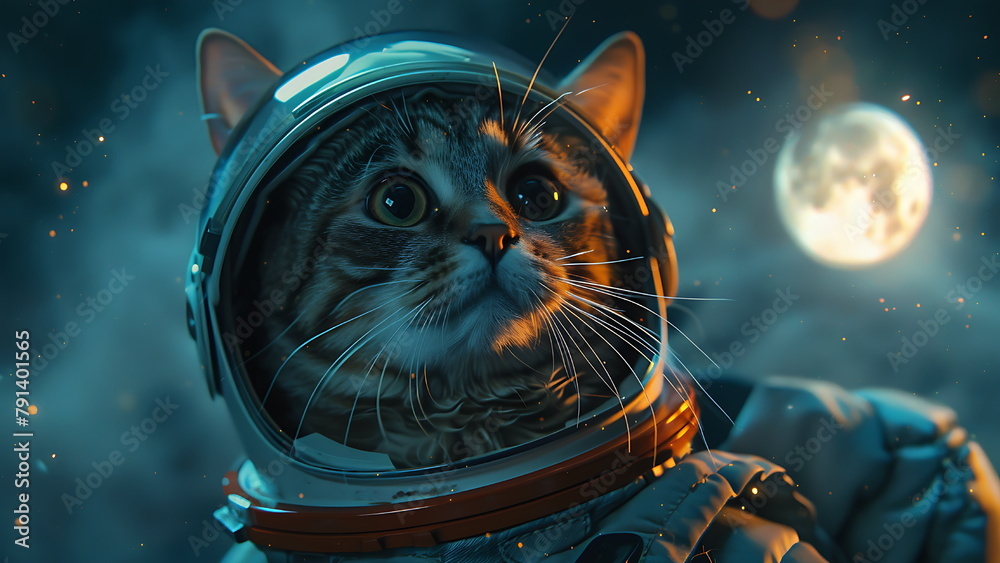 Cat astronaut wearing a tiny space suit floating in space and galaxy background outer space. Science fiction wallpaper. with generative ai