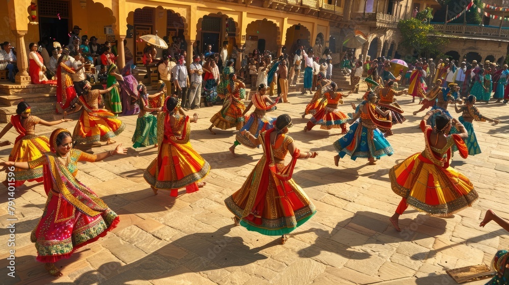 A vibrant cultural festival with performers in colorful costumes dancing to the beat of traditional music, while spectators gather to watch the spectacle and participate in the festivities.