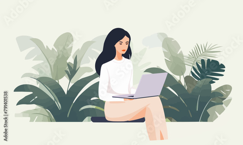 woman using laptop vector flat minimalistic isolated illustration