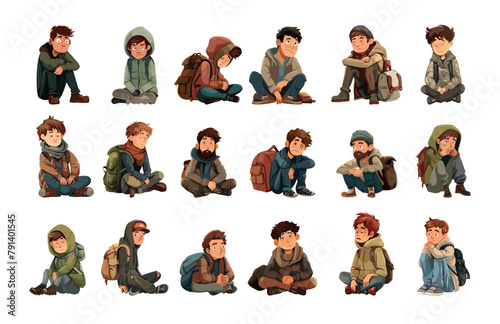 Homeless people cartoon vector set. Men boys young old poor people hoodie backpack shabby worn clothes, begging desperate sad street living sitting poses characters, illustrations isolated on white