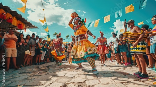 A vibrant cultural festival with performers in colorful costumes dancing to the beat of traditional music, while spectators gather to watch the spectacle and participate in the festivities. photo