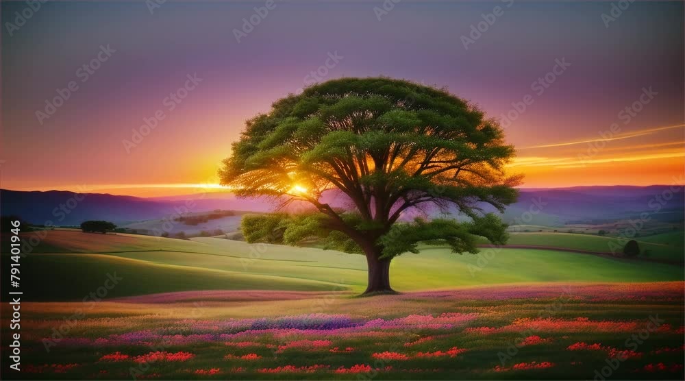 Sundown Serenity: A tranquil scene of a big tree silhouetted against a vibrant orange sunset in a serene forest clearing Sundown Serenity: A tranquil scene of a big tree silhouetted against a vibrant orange sunset in a serene forest clearing